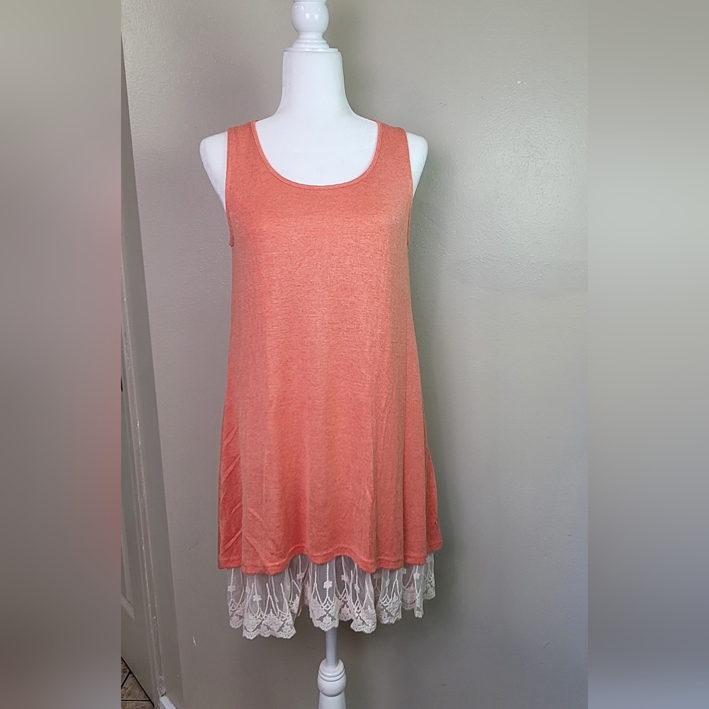 Women’s Coral Umgee Oh Me Oh My! Sheer Knit Tank Dress Lined with Lace Trim Med